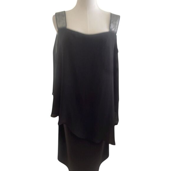 Roz & Ali Plus Size Black Chiffon Rhinestone Strap Ladder Sleeve Party Dress Siz - Picture 1 of 7